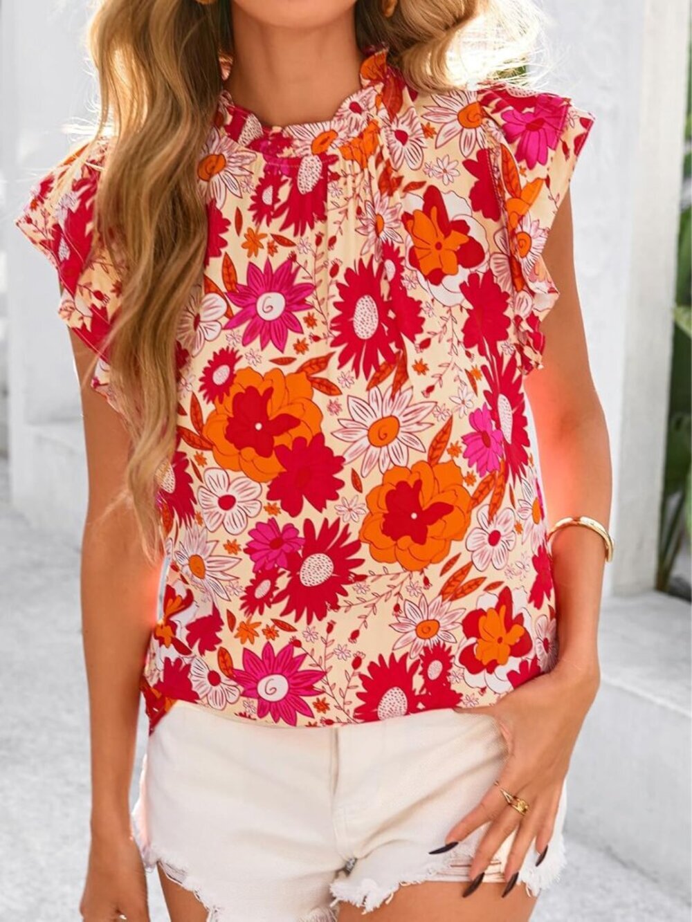 Women's Yellow Red Flower Floral Trim Neck Casual Short Sleeve Summer Tops - Picture 5 of 6